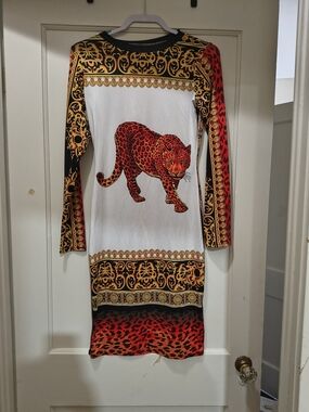 Leopard Print Baroque Long Sleeve Dress - Red, Gold, Black